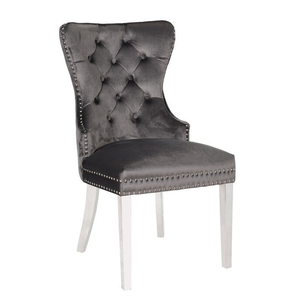 English Elm Erica Velvet Tufted Dining Chairs 2PC Dark Gray with Stainless Steel Legs, Plush Stitched Back Elegance 808857803009