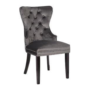 English Elm Erica Velvet Tufted Dining Chairs 2PC Dark Gray Cushioned Seats Wood Legs Farmhouse Elegance 808857749369