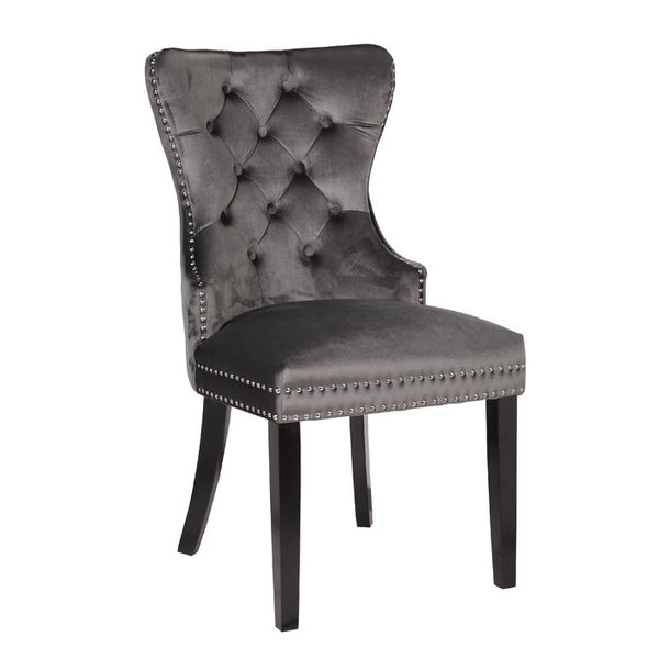 English Elm Erica Velvet Tufted Dining Chairs 2PC Dark Gray Cushioned Seats Wood Legs Farmhouse Elegance 808857749369