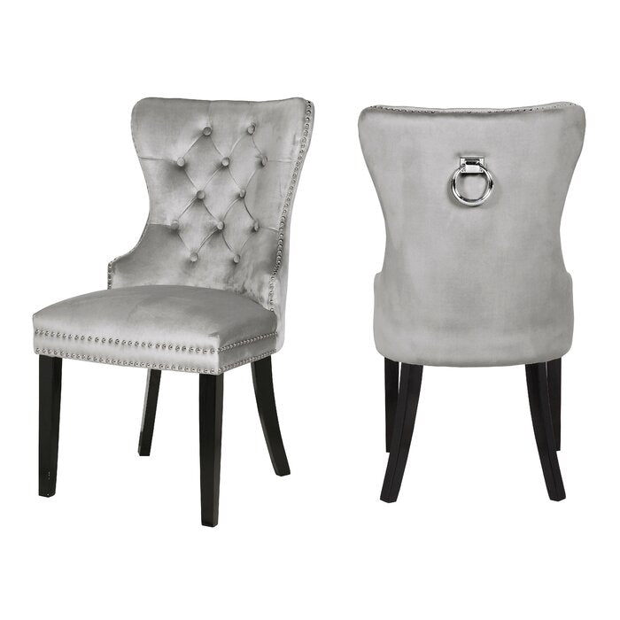 English Elm Erica Plush Velvet Tufted Dining Chairs 2PC Set Light Gray with Sturdy Wood Legs for Timeless Style 808857794864