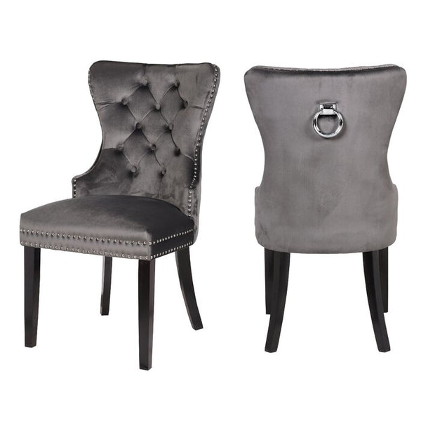 English Elm Erica Velvet Tufted Dining Chairs 2PC Dark Gray Cushioned Seats Wood Legs Farmhouse Elegance 808857749369