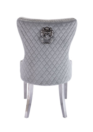English Elm Simba Tufted Velvet Dining Chair Set (2) Light Gray with Quilted Back, Nailhead Trim & Lion Ring 808857961150