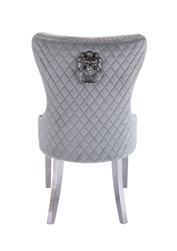 English Elm Simba Tufted Velvet Dining Chair Set (2) Light Gray with Quilted Back, Nailhead Trim & Lion Ring 808857961150