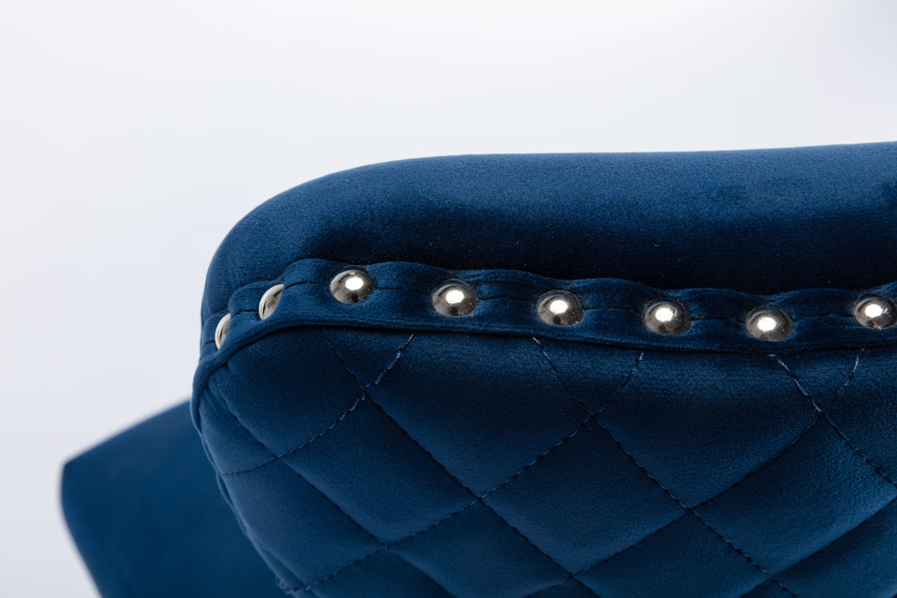 English Elm Simba Velvet Upholstered Dining Chair Set of 2 — Tufted Quilted Blue Fabric, Lion Ring Accent, Nailhead Trim 808857819758