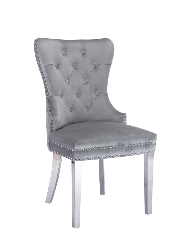 English Elm Simba Tufted Velvet Dining Chair Set (2) Light Gray with Quilted Back, Nailhead Trim & Lion Ring 808857961150