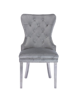 English Elm Simba Tufted Velvet Dining Chair Set (2) Light Gray with Quilted Back, Nailhead Trim & Lion Ring 808857961150