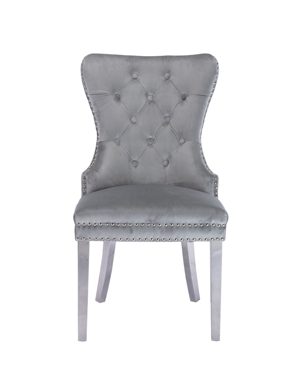English Elm Simba Tufted Velvet Dining Chair Set (2) Light Gray with Quilted Back, Nailhead Trim & Lion Ring 808857961150