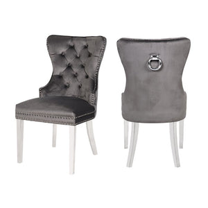 English Elm Erica Velvet Tufted Dining Chairs 2PC Dark Gray with Stainless Steel Legs, Plush Stitched Back Elegance 808857803009