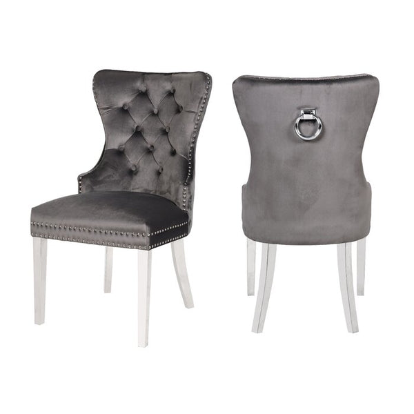 English Elm Erica Velvet Tufted Dining Chairs 2PC Dark Gray with Stainless Steel Legs, Plush Stitched Back Elegance 808857803009
