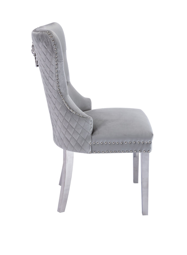 English Elm Simba Tufted Velvet Dining Chair Set (2) Light Gray with Quilted Back, Nailhead Trim & Lion Ring 808857961150