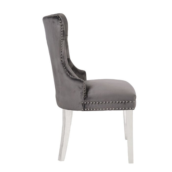 English Elm Erica Velvet Tufted Dining Chairs 2PC Dark Gray with Stainless Steel Legs, Plush Stitched Back Elegance 808857803009