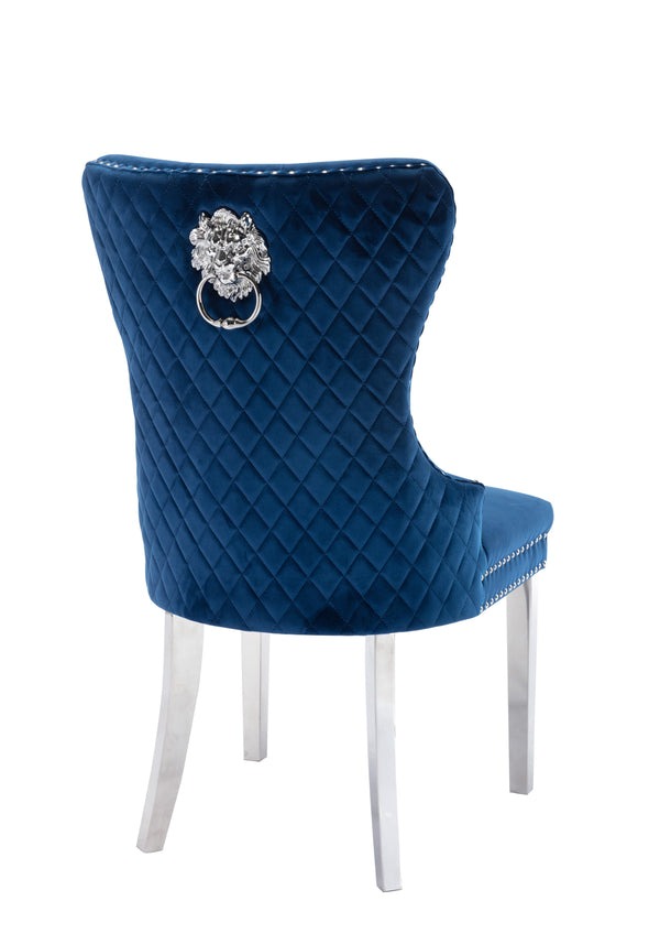 English Elm Simba Velvet Upholstered Dining Chair Set of 2 — Tufted Quilted Blue Fabric, Lion Ring Accent, Nailhead Trim 808857819758