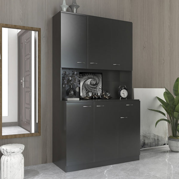 English Elm 70.87" Wardrobe Kitchen Cabinet with 6 Doors, 1 Drawer & Open Shelf — Durable Melamine MDF Storage Solution Black W331S00059