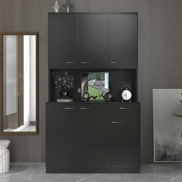 English Elm 70.87" Wardrobe Kitchen Cabinet with 6 Doors, 1 Drawer & Open Shelf — Durable Melamine MDF Storage Solution Black W331S00059