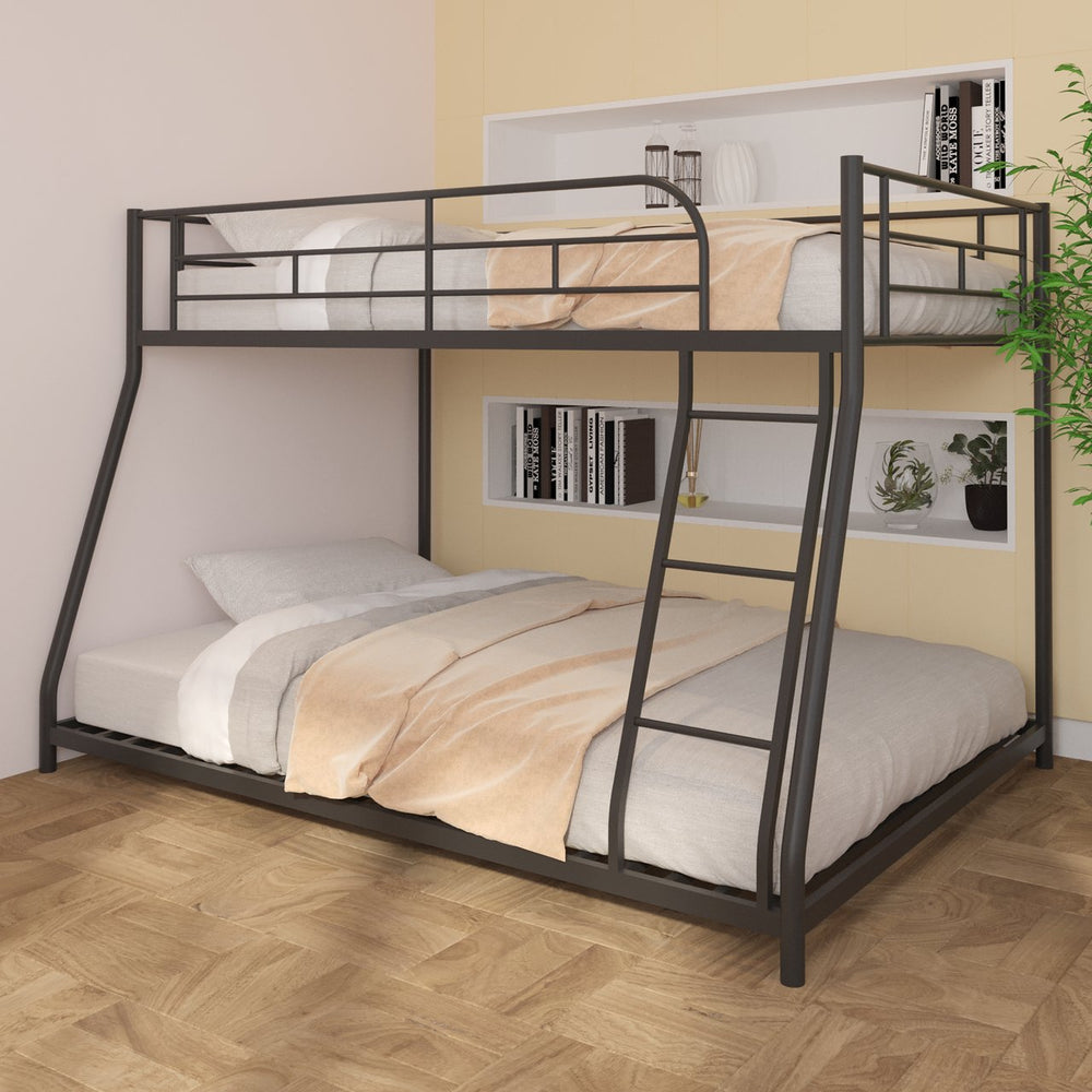English Elm Metal Twin-over-Full Bunk Bed with Noise-Free Wood Slats, Full Guardrail, Sturdy Metal Frame, Safe Ladder W427P300275