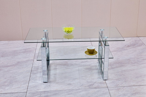 English Elm W 39 Inch Two Tier Tempered Glass Coffee Table Slim Metal Legs Open Living Room W100535591