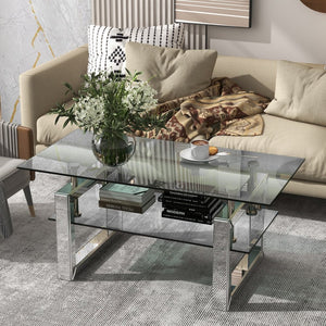 English Elm W 39 Inch Two Tier Tempered Glass Coffee Table Slim Metal Legs Open Living Room W100535591