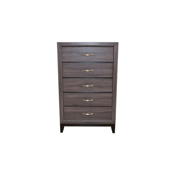 English Elm Contemporary Five-Drawer Chest in Rustic Gray Finish with Dovetail Drawers, Chippendale Legs & Metal Glides 808857594679