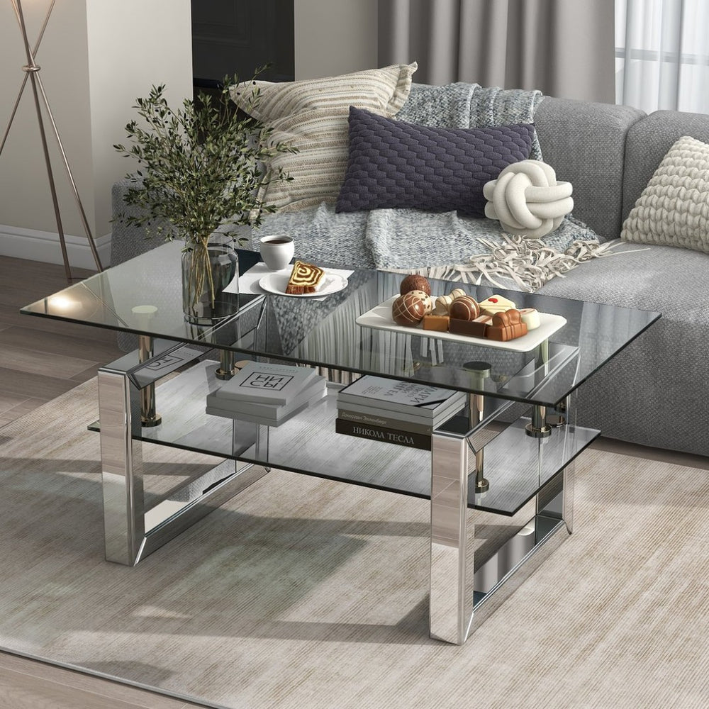 English Elm W 39 Inch Two Tier Tempered Glass Coffee Table Slim Metal Legs Open Living Room W100535591