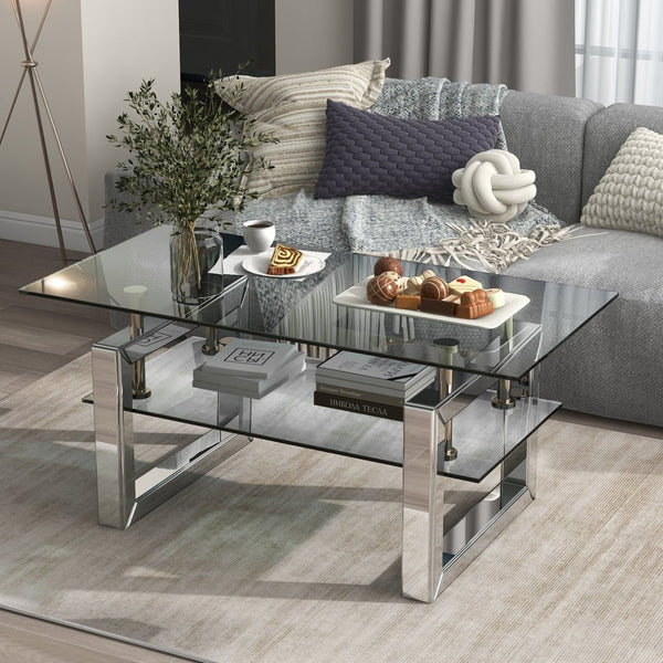 English Elm W 39 Inch Two Tier Tempered Glass Coffee Table Slim Metal Legs Open Living Room W100535591