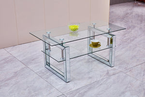 English Elm W 39 Inch Two Tier Tempered Glass Coffee Table Slim Metal Legs Open Living Room W100535591
