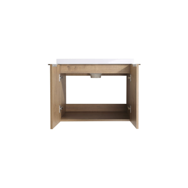 English Elm 60 Inch Wall Mounted Vanity with Dual Resin Sinks, Soft Close Doors, Metal Handles & Shelves Durable Finish Imitative Oak W999S00186