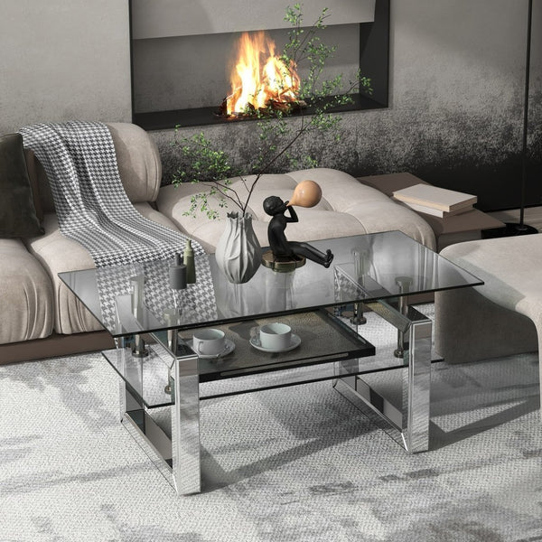 English Elm W 39 Inch Two Tier Tempered Glass Coffee Table Slim Metal Legs Open Living Room W100535591