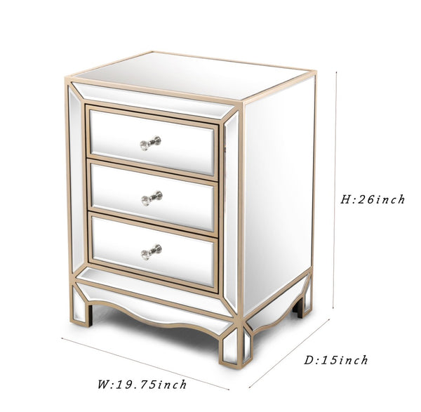 English Elm W Mirrored Champagne Glass Three Drawer Cabinet with Crystal Pulls for Bedroom or Entryway W100535962
