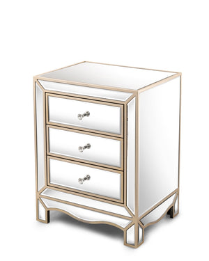 English Elm W Mirrored Champagne Glass Three Drawer Cabinet with Crystal Pulls for Bedroom or Entryway W100535962