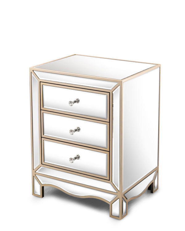 English Elm W Mirrored Champagne Glass Three Drawer Cabinet with Crystal Pulls for Bedroom or Entryway W100535962