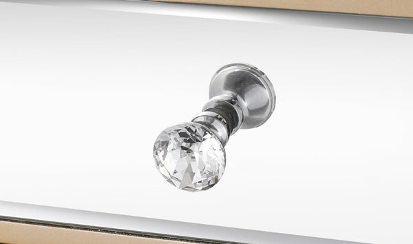 English Elm W Mirrored Champagne Glass Three Drawer Cabinet with Crystal Pulls for Bedroom or Entryway W100535962