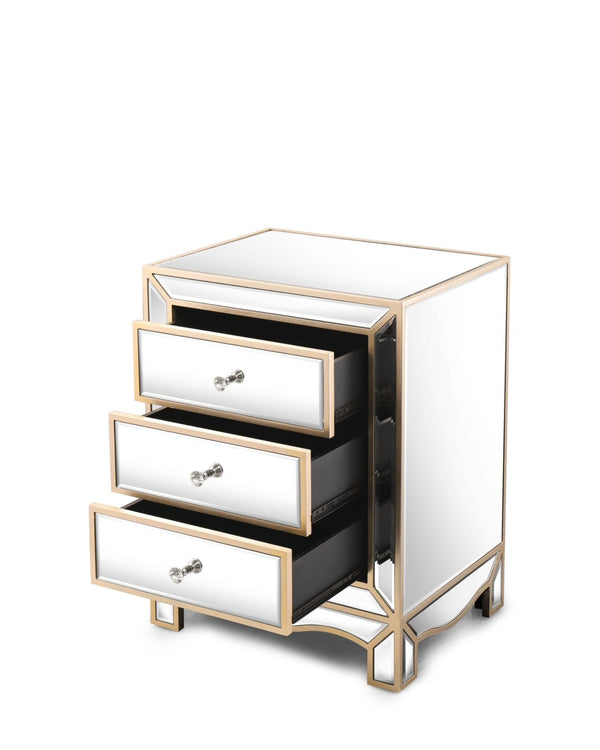 English Elm W Mirrored Champagne Glass Three Drawer Cabinet with Crystal Pulls for Bedroom or Entryway W100535962