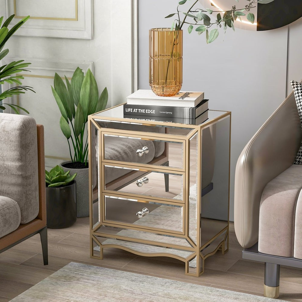 English Elm W Mirrored Champagne Glass Three Drawer Cabinet with Crystal Pulls for Bedroom or Entryway W100535962