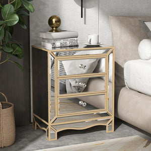 English Elm W Mirrored Champagne Glass Three Drawer Cabinet with Crystal Pulls for Bedroom or Entryway W100535962