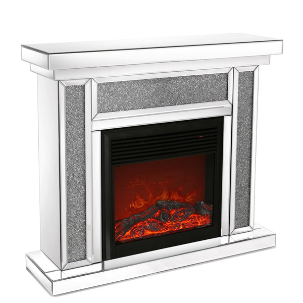 English Elm W Mirrored Electric Fireplace Mantelpiece with Diamond Resin Inlays and 3d Flame W1005S00001