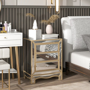 English Elm W Mirrored Champagne Glass Three Drawer Cabinet with Crystal Pulls for Bedroom or Entryway W100535962