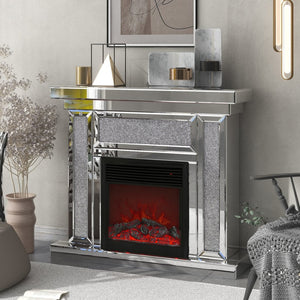 English Elm W Mirrored Electric Fireplace Mantelpiece with Diamond Resin Inlays and 3d Flame W1005S00001