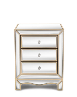 English Elm W Mirrored Champagne Glass Three Drawer Cabinet with Crystal Pulls for Bedroom or Entryway W100535962