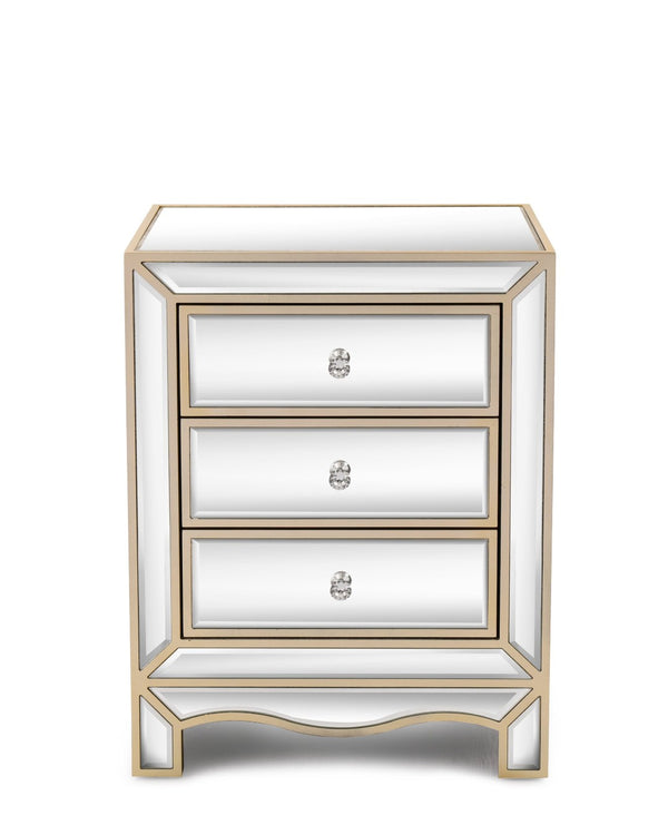 English Elm W Mirrored Champagne Glass Three Drawer Cabinet with Crystal Pulls for Bedroom or Entryway W100535962