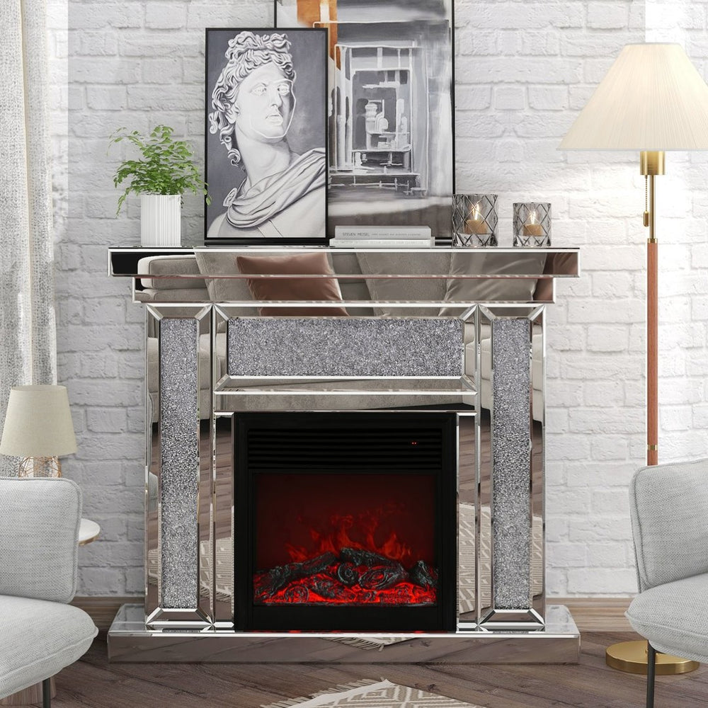 English Elm W Mirrored Electric Fireplace Mantelpiece with Diamond Resin Inlays and 3d Flame W1005S00001