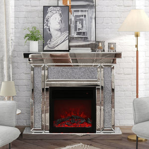English Elm W Mirrored Electric Fireplace Mantelpiece with Diamond Resin Inlays and 3d Flame W1005S00001