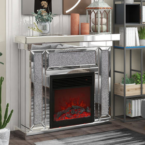 English Elm W Mirrored Electric Fireplace Mantelpiece with Diamond Resin Inlays and 3d Flame W1005S00001