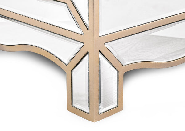 English Elm W Mirrored Champagne Glass Three Drawer Cabinet with Crystal Pulls for Bedroom or Entryway W100535962