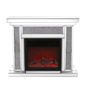 English Elm W Mirrored Electric Fireplace Mantelpiece with Diamond Resin Inlays and 3d Flame W1005S00001