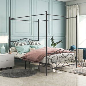English Elm Metal Canopy Bed Frame Queen Black with Vintage Headboard & Footboard, Sturdy Steel Slats, Underbed Storage, Easy DIY Assembly W84036133