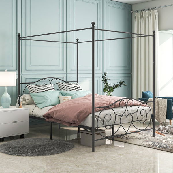 English Elm Metal Canopy Bed Frame Queen Black with Vintage Headboard & Footboard, Sturdy Steel Slats, Underbed Storage, Easy DIY Assembly W84036133