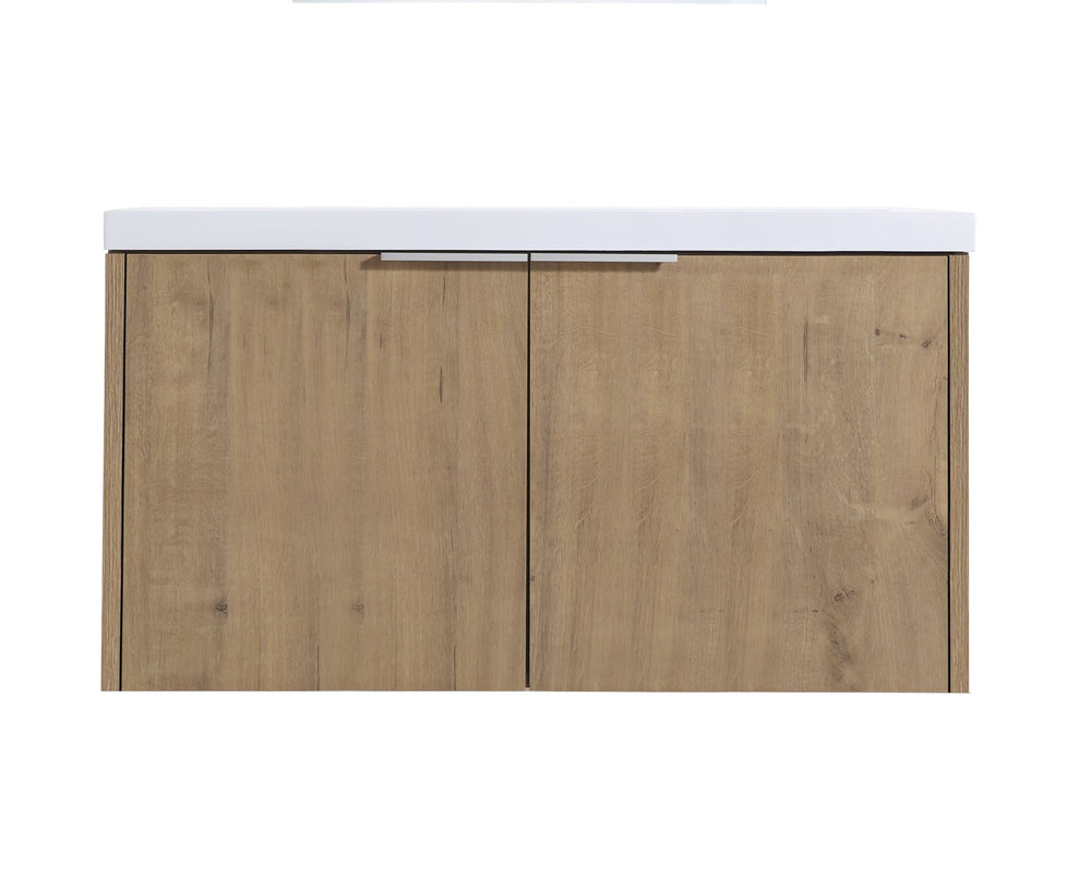 English Elm Modern 36-Inch Floating Bathroom Vanity with Resin Sink, Soft-Close Doors, Open Shelf, Eco Plywood Cabinetry W99950716
