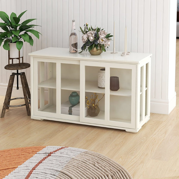 English Elm Kitchen Storage Cabinet with Sliding Glass Doors White Mdf Pantry Buffet Cupboard W28235613