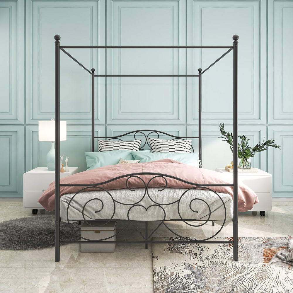 English Elm Metal Canopy Bed Frame Queen Black with Vintage Headboard & Footboard, Sturdy Steel Slats, Underbed Storage, Easy DIY Assembly W84036133