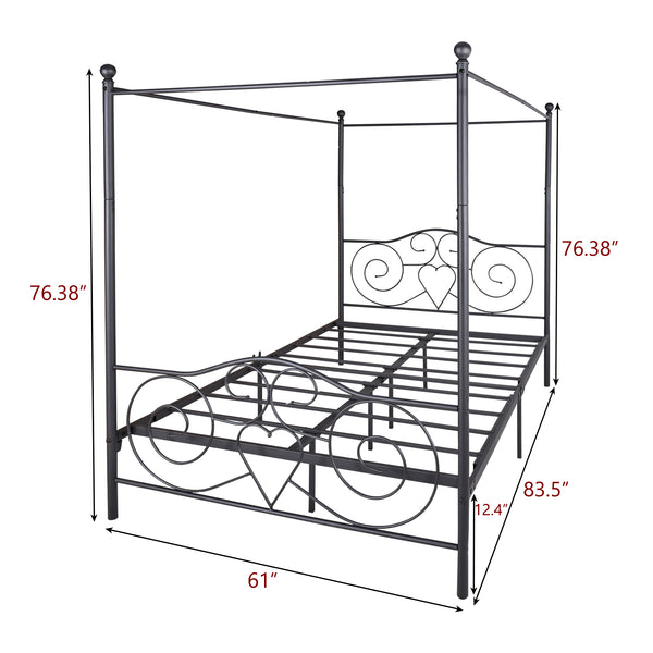 English Elm Metal Canopy Bed Frame Queen Black with Vintage Headboard & Footboard, Sturdy Steel Slats, Underbed Storage, Easy DIY Assembly W84036133